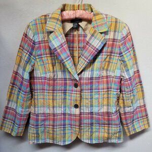 DD Collection Women Sz 14 Multicolor Plaid Two-Button Blazer Jacket Cotton Blend